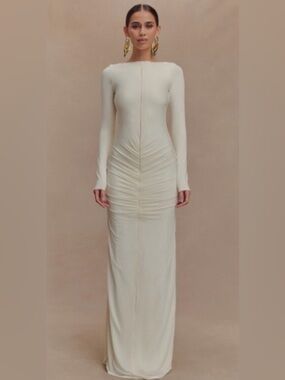 Meshki Long Sleeve Ruched Ivory Maxi Dress